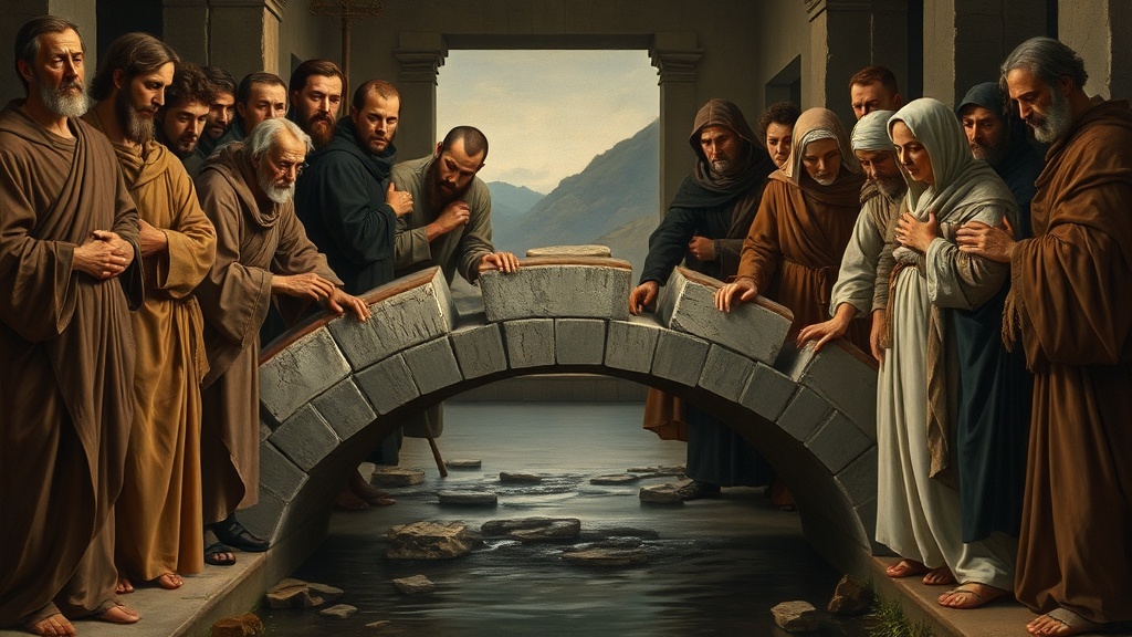 부분 복원된 돌다리 위에서 사람들이 돌을 놓으며 화해와 신뢰를 재건하는 장면을 그린 그림