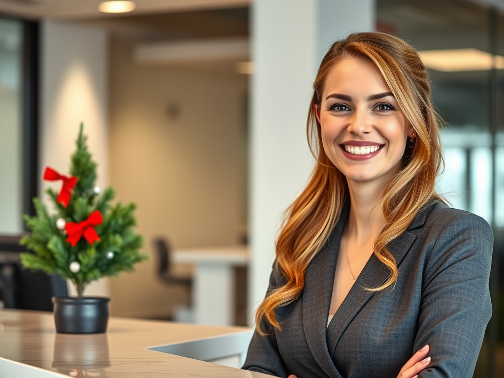 A welcoming temporary receptionist ready for holiday cover in a modern office.