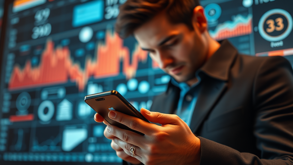شخصی در حال مطالعه اخبار گوشی موبایل بر روی گوشی هوشمند، با پس‌زمینه نمودارهای دیجیتال و آیکون‌های فناوری، اخبار گوشی موبایل