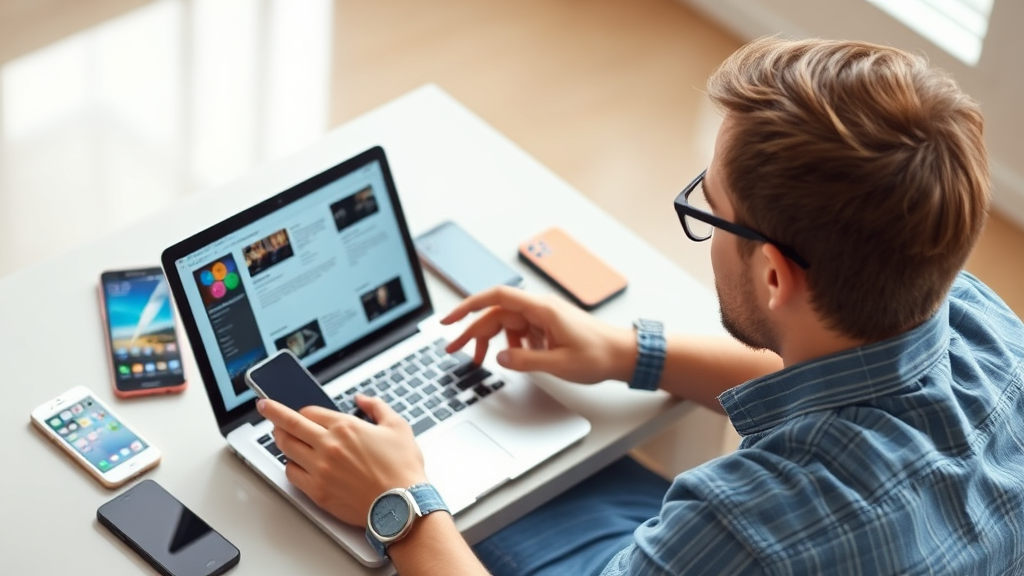 تصویری از یک فرد در حال تحقیق در مورد بررسی گوشی‌های هوشمند با لپ‌تاپ و گوشی‌های مختلف در اطرافش