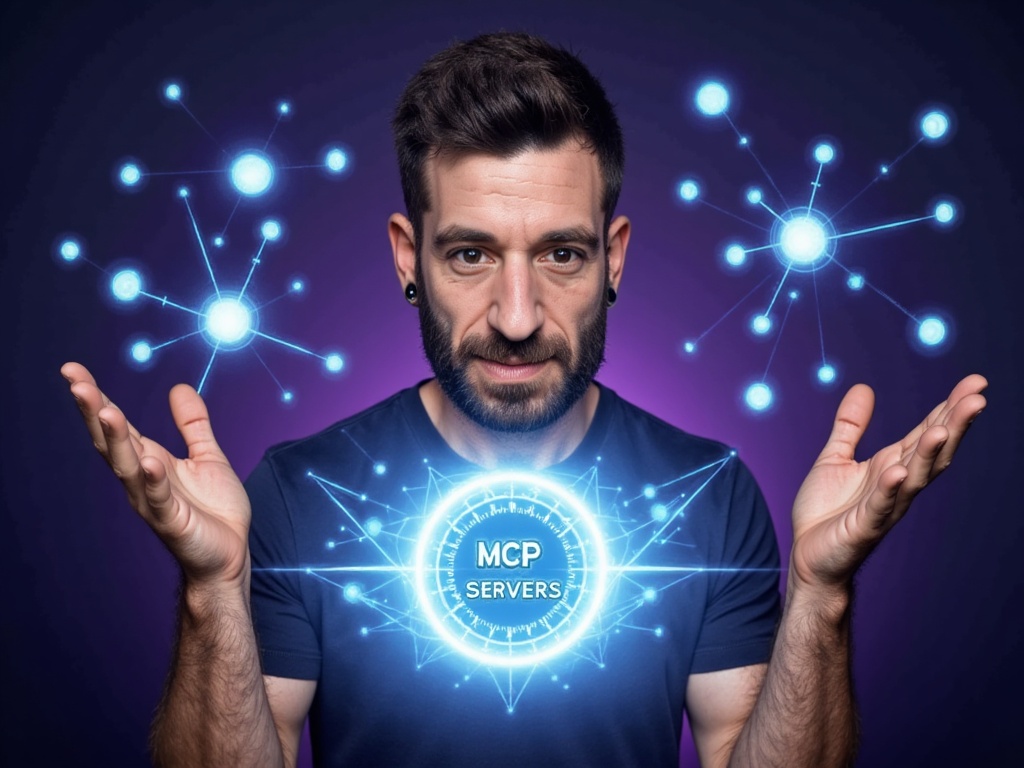 GAXYZ כקוסם טכנולוגי עתידני מזרים רשתות נוירונים דיגיטליות לשלט הולוגרפי של 'MCP servers'