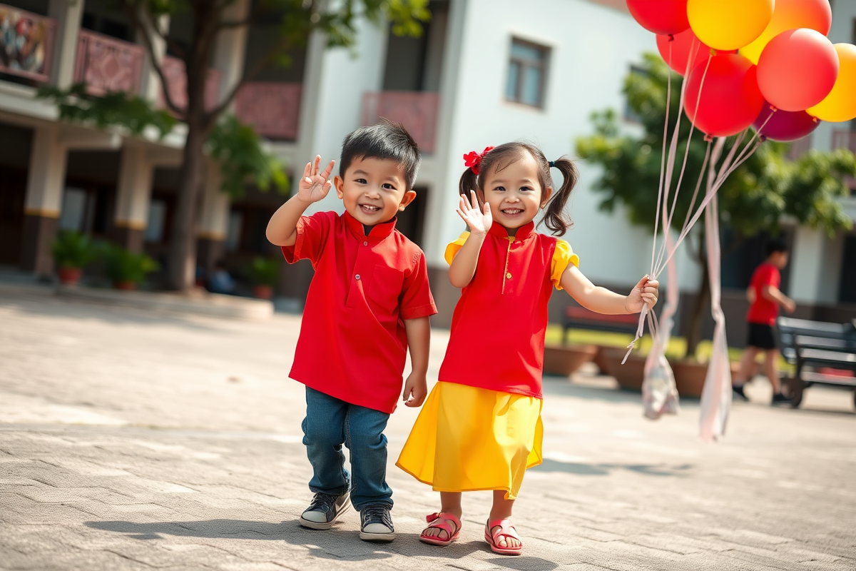 Bé mặc áo dài đỏ sao vàng đáng yêu ngày Quốc khánh