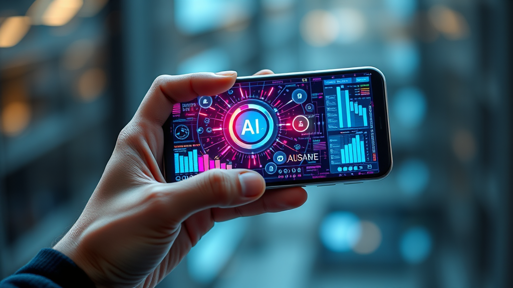 تصویری از یک فرد در حال استفاده از گوشی هوشمند آینده‌نگر با قابلیت‌های هوش مصنوعی، نمایشگر روشن و تعاملی با الگوریتم‌های پیچیده و نمایش داده‌های بصری. این تصویر، آینده اخبار گوشی هوشمند را به تصویر می‌کشد.