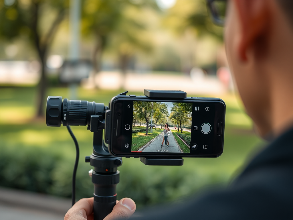 فردی که از یک گوشی هوشمند برای ضبط ویدیوی با کیفیت بالا استفاده می کند، با سه پایه یا گیمبال برای تثبیت، در یک محیط بیرونی مانند پارک یا خیابان شهر. این تصویر بر جنبه خلاقانه ویدیوگرافی موبایل در اخبار گوشی های هوشمند تأکید دارد.