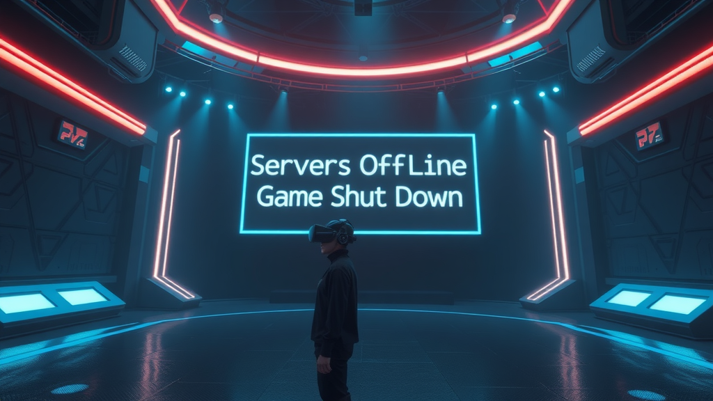 تصویری غمگین از یک بازیکن واقعیت مجازی که به پیامی مبنی بر تعطیلی سرورهای Echo VR نگاه می‌کند، نشان‌دهنده Echo VR Shutdown