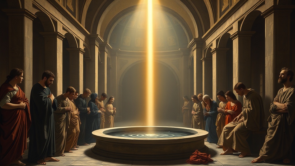 빛과 사람들의 선택을 묘사한 고전적 회화풍 장면