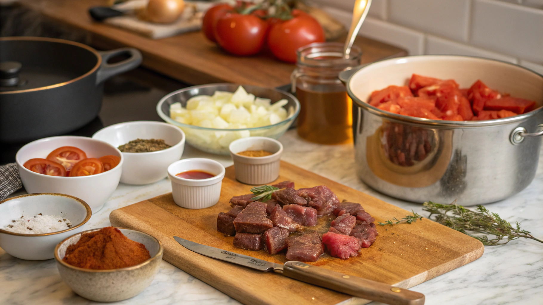A pot of Stifado simmering on the stove