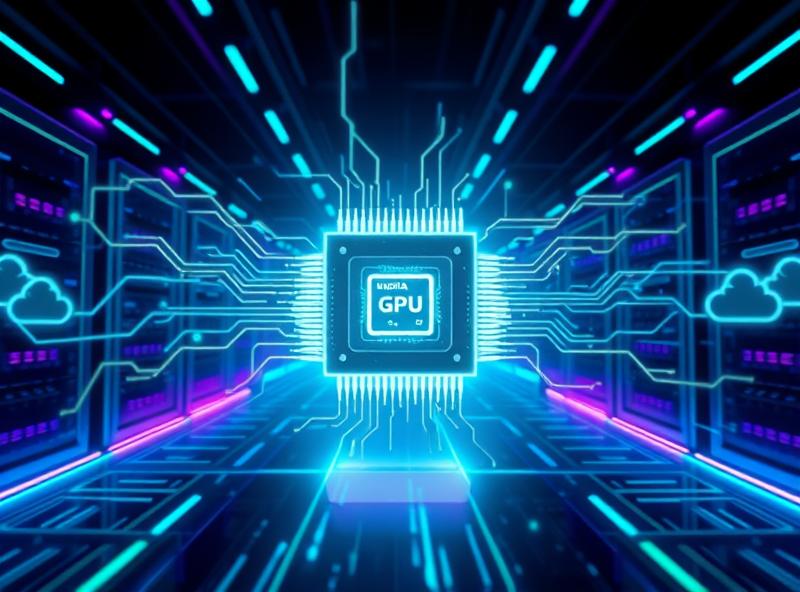 A futuristic, high-tech graphic representing the power of NVIDIA's GPUs in AI and data centers. Show a stylized, glowing GPU chip at the center, emitting abstract data streams or neural network patterns that connect to server racks or cloud symbols. The style should be clean, powerful, and visually convey advanced computing and artificial intelligence, using deep blues, purples, and electric greens.