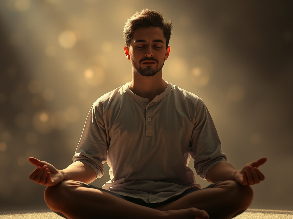 A person meditating calmly with a peaceful expression, surrounded by soft, glowing light, representing tranquility and mental well-being, realistic, high-quality. معرفی اپلیکیشن Calm