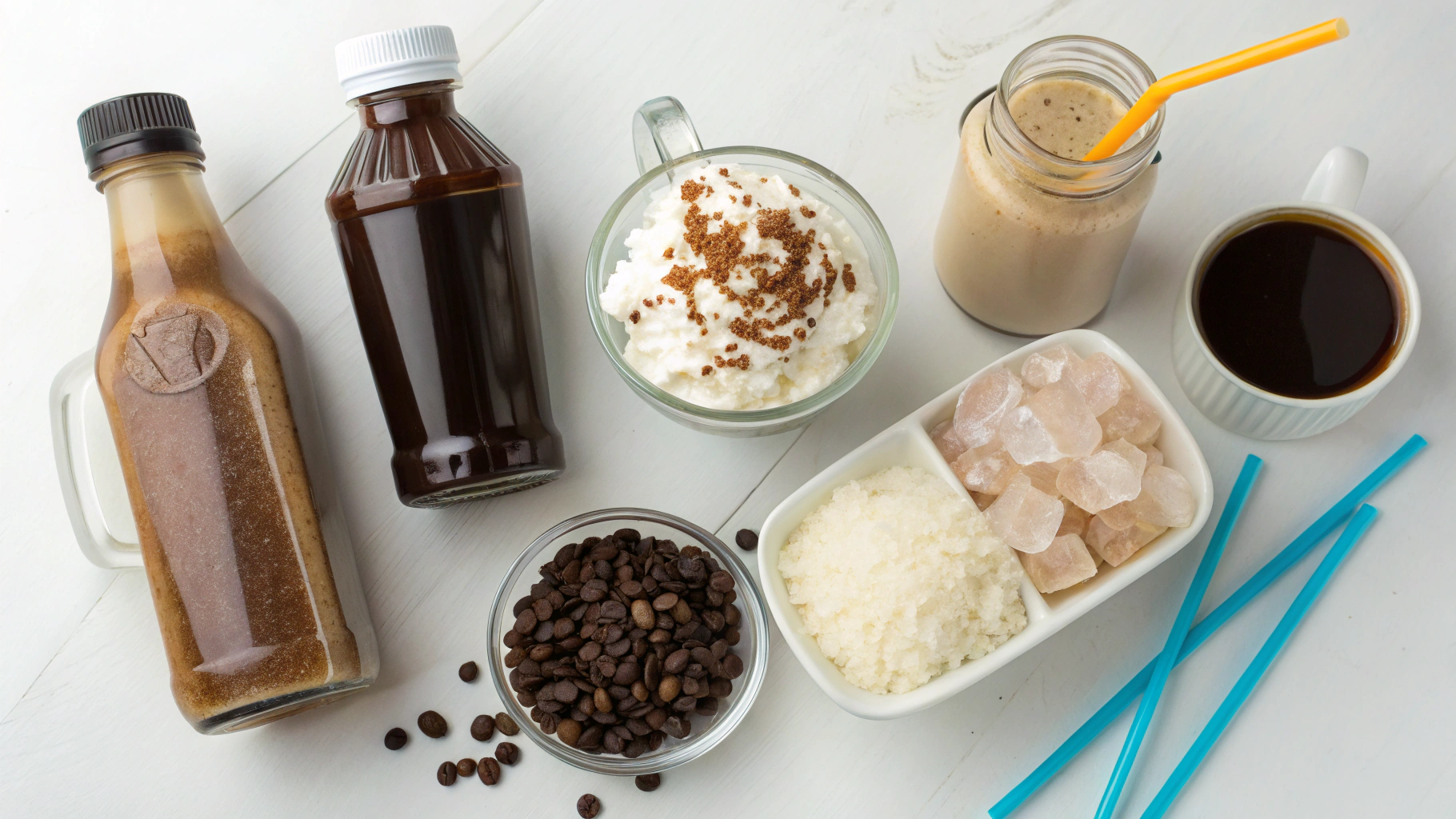 Frappe ingredients laid out on counter