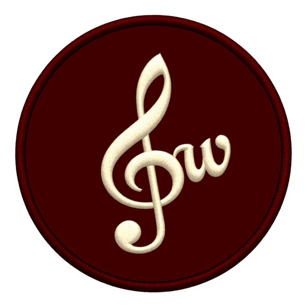 a round burgundy patch with creme lettering with a