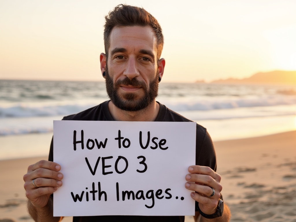 Man standing on beach holding sign with text How to Use VEO 3 with Images