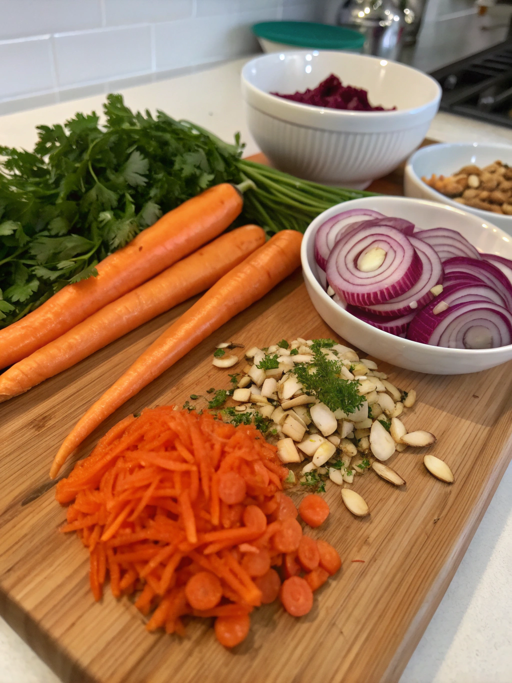 Fresh ingredients for carrot salad laid out on cutting board
