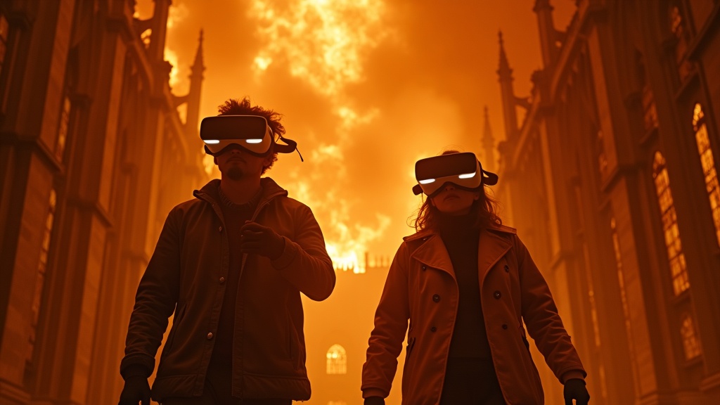 Dos jugadores colaborando en el Notre Dame Fire escape room VR, equipados con gafas de realidad virtual para apagar las llamas.