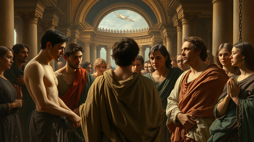 사회적 갈등 속에서 화해를 찾는 장면을 상징하는 이미지