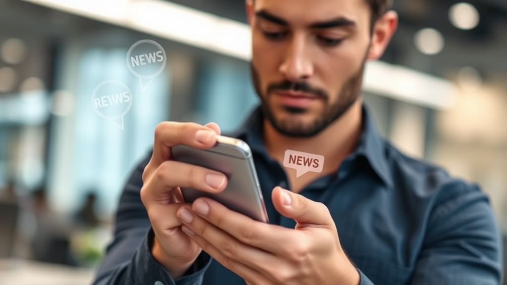 فردی در حال نگه داشتن گوشی هوشمند مدرن، با نمایش اخبار و بررسی‌ها در صفحه نمایش، در محیطی فناوری‌محور، مرتبط با اخبار گوشی‌های هوشمند