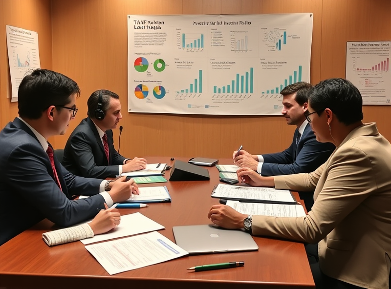 Policy aides in a meeting room surrounded by data charts, reviewing the impact of TANF on low-income families with a logical approach.
