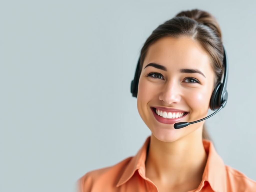 Professional and friendly call center agent with a headset smiling warmly, symbolising affordable and reliable live phone answering services for small businesses.