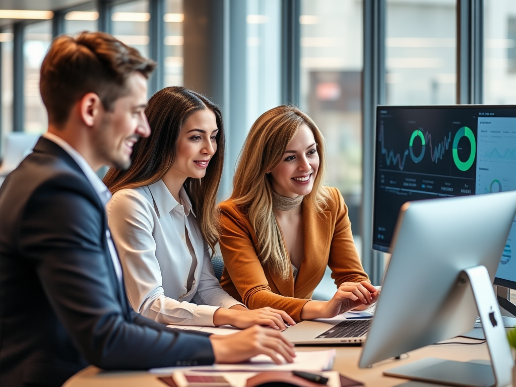 Recruitment professionals using digital tools and analytics dashboards to find the right staff for clients in a modern London office setting