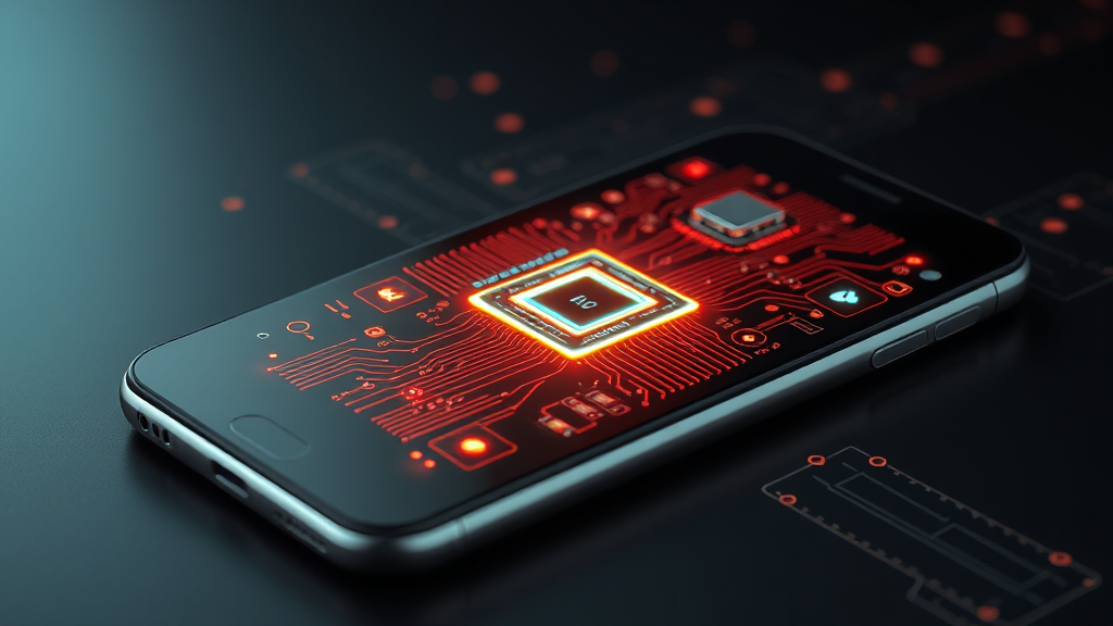 A sleek, modern smartphone with a glowing circuit board design overlaid, symbolizing its powerful processor and internal components, an essential aspect of smartphone reviews.
