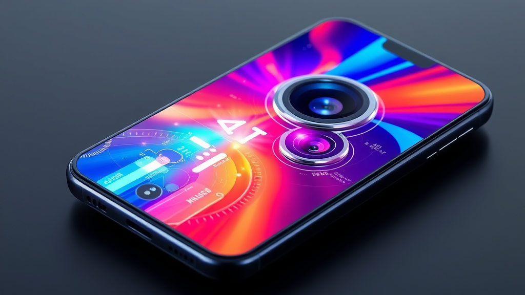 A modern smartphone with a sleek design, showing the latest smartphone news on its vibrant display, with advanced camera lenses prominently featured.