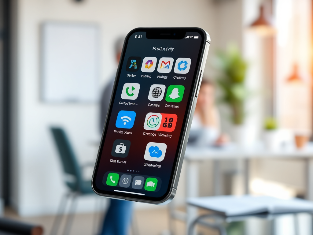 A modern smartphone displaying various apps related to productivity and creativity, with a blurred background showing a small business office setting. بررسی گوشی‌های هوشمند
