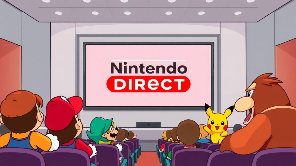 لوگوی Nintendo Direct روی صفحه نمایش با شخصیت‌های بازی نینتندو دایرکت