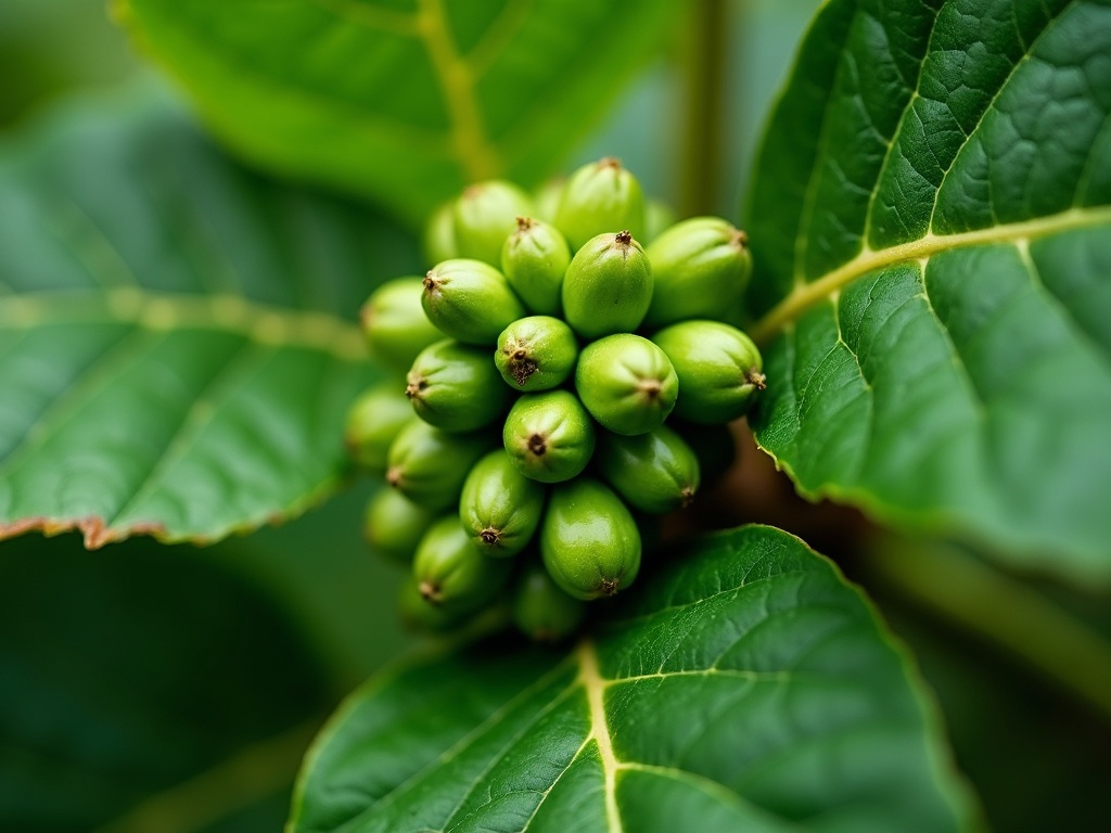 A healthy Robusta coffee plant with broad, dark green leaves and clusters of developing green coffee berries.