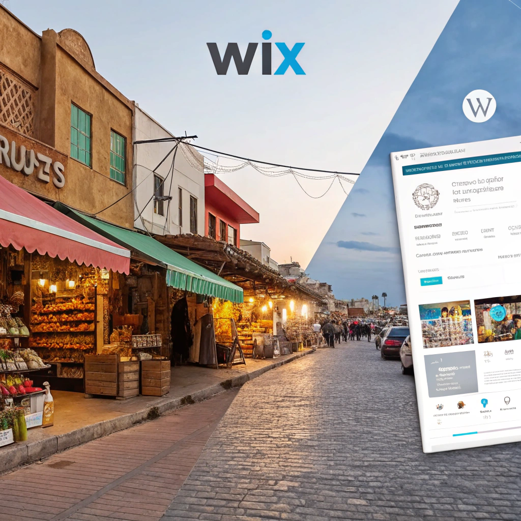Kontrast między bogatym w funkcjonalności sklepem WordPress a prostym sklepem Wix, ilustrujący różnice w platformach e-commerce.