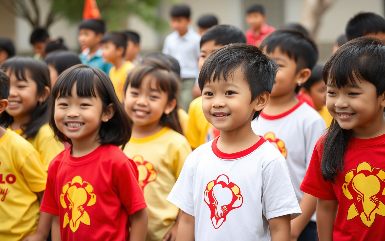 Trẻ em diện áo phông Quốc khánh hoạt động trường học