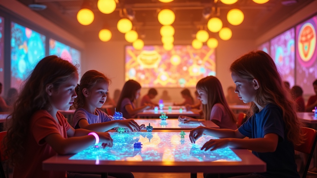 Niños colaborando en un taller de programación y robótica infantil, utilizando tablets y kits de construcción.