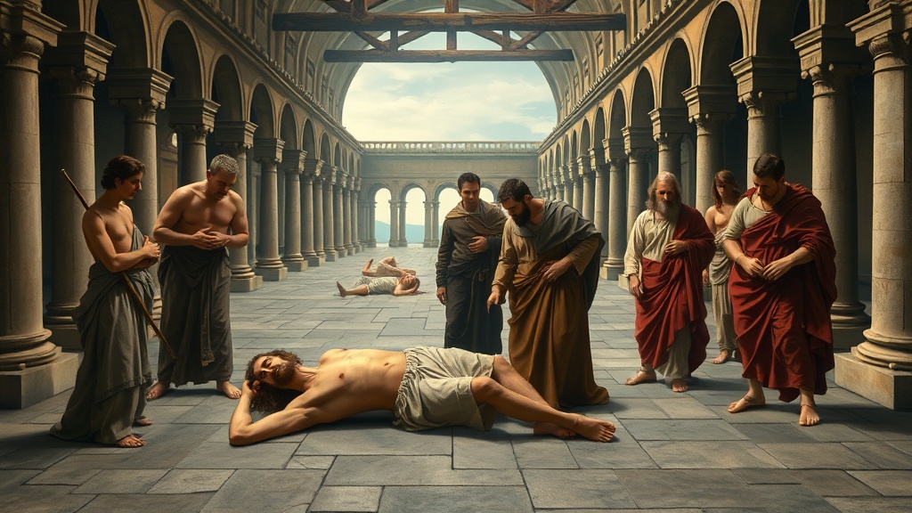 르네상스풍의 노동자 구조 장면, 쓰러진 노동자와 돌보는 이들, 작업 도구와 골조가 보임