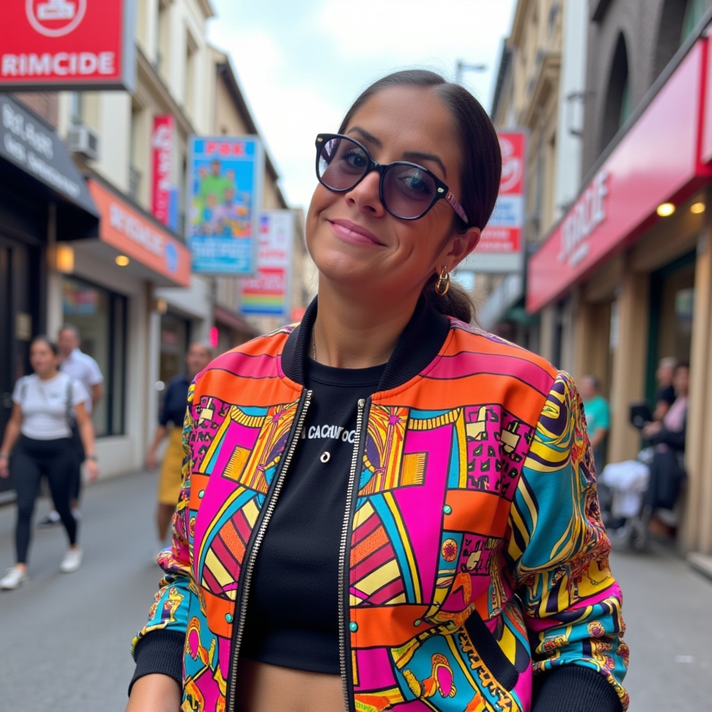 Carolyn October in a colorful bomber jacket, standing in an urban setting with vibrant advertisements.