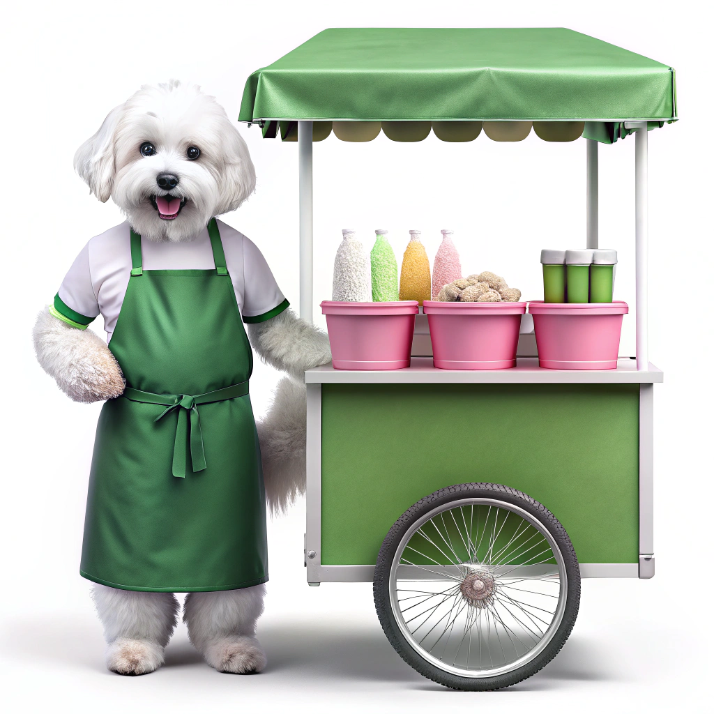 Adorable Dog Selling Goods at Pink Vending Cart