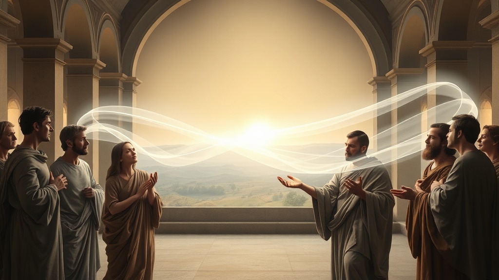 고요한 실내에서 빛나는 악보를 나누는 사람들 풍경의 회화적 이미지