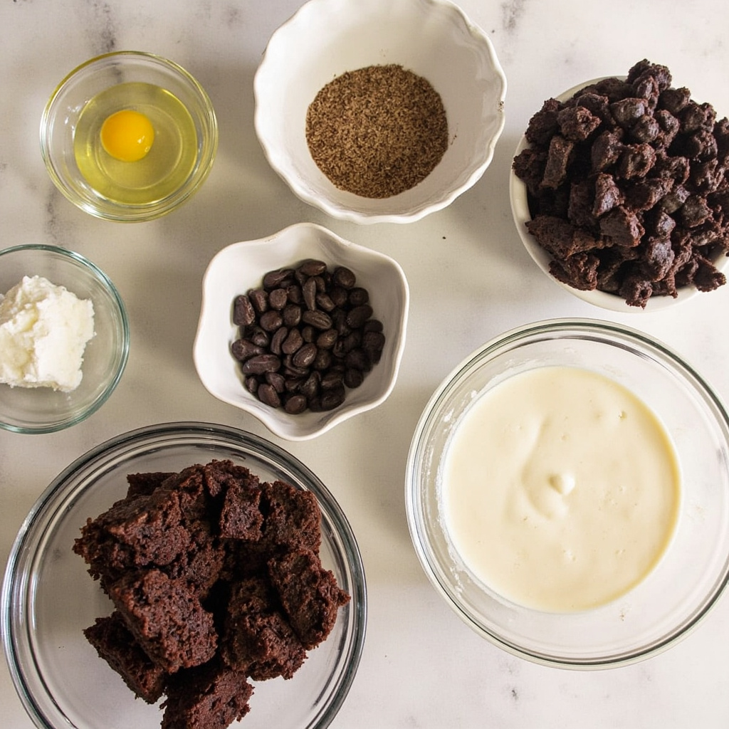 Ingredients for mousse brownies displayed on a marble counter