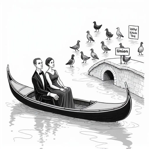 Bezos and Sánchez face wedding planning challenges in Venice single-panel cartoon