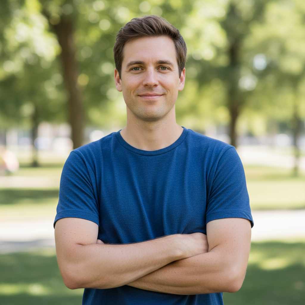 A clear, front-facing photo of a man wearing a casual blue t-shirt.