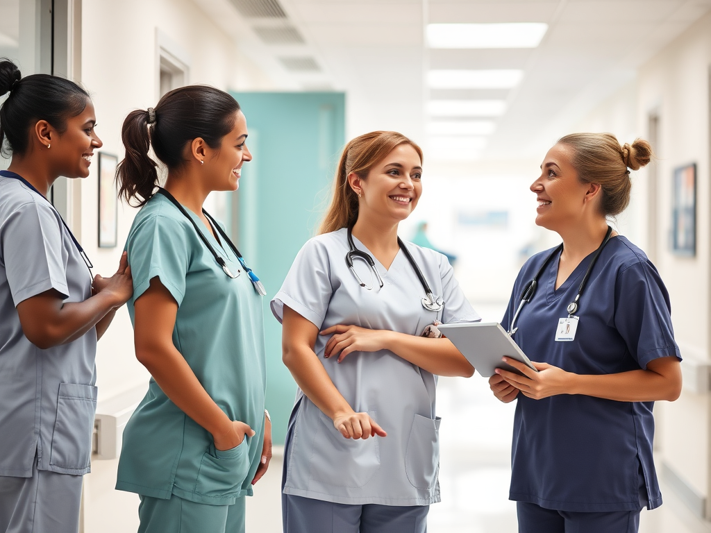 Nurses collaborating in a modern hospital setting, representing a positive nursing shortage solution through teamwork.