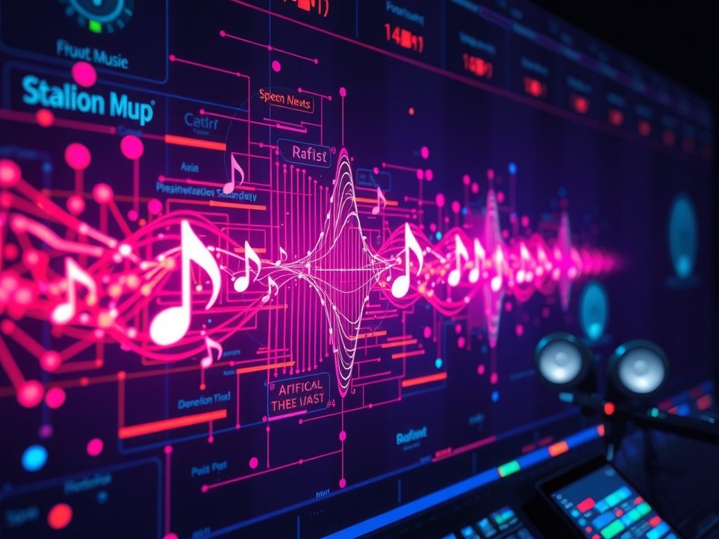 یک نمایش انتزاعی از هوش مصنوعی در حال ساخت موسیقی، با امواج صوتی و نتهای موسیقی که از شبکههای عصبی درخشان و رنگهای زنده در یک استودیوی آیندهنگر شکل میگیرند، نشاندهنده هوش مصنوعی موسیقی ElevenLabs