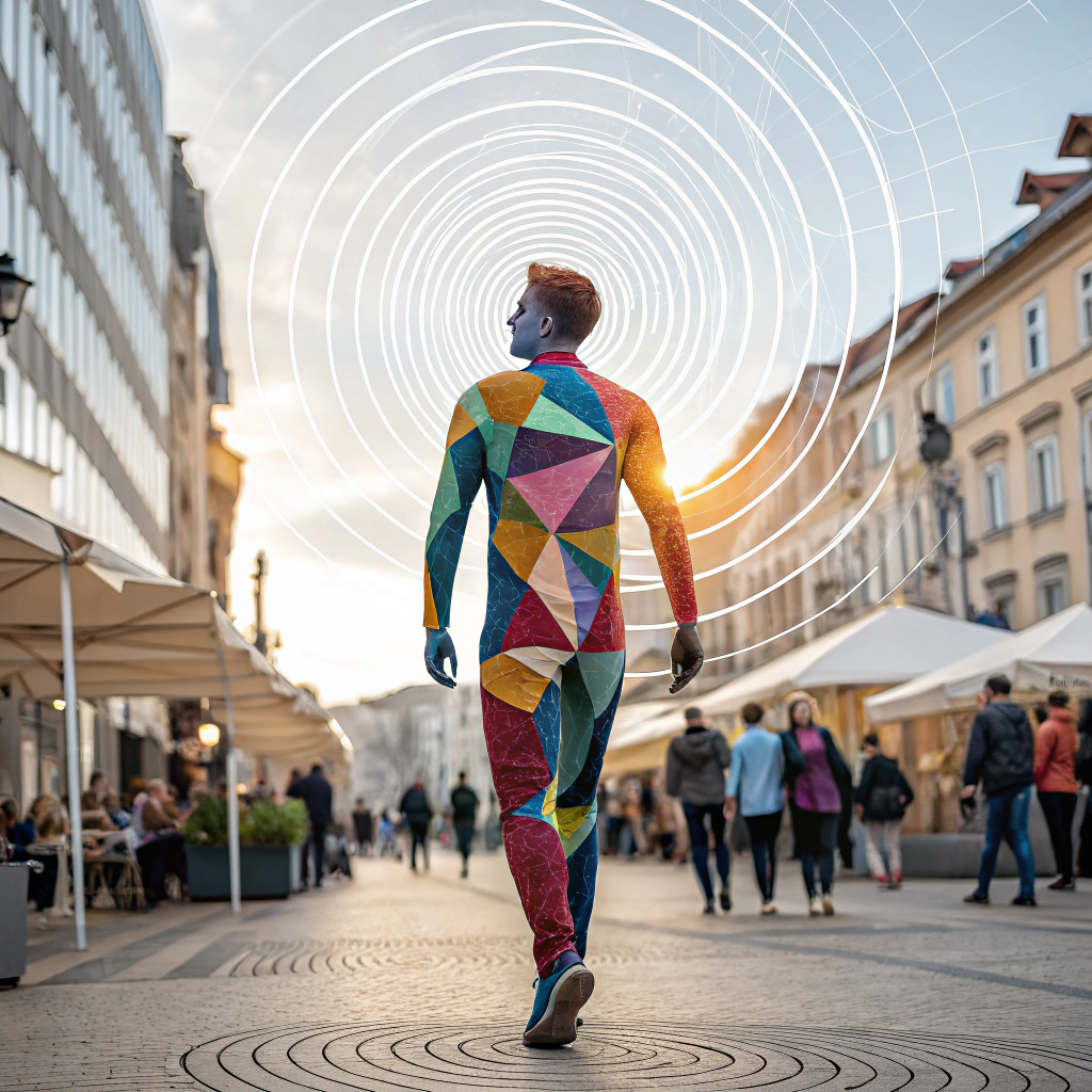 Dynamiczna ilustracja abstrakcyjnej buyer persony stworzonej z kolorowych kształtów geometrycznych na tle rynku, symbolizująca zrozumienie klientów.