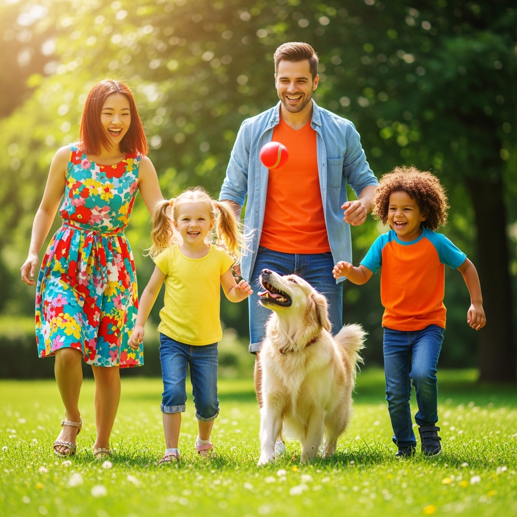 A family playing with their dog