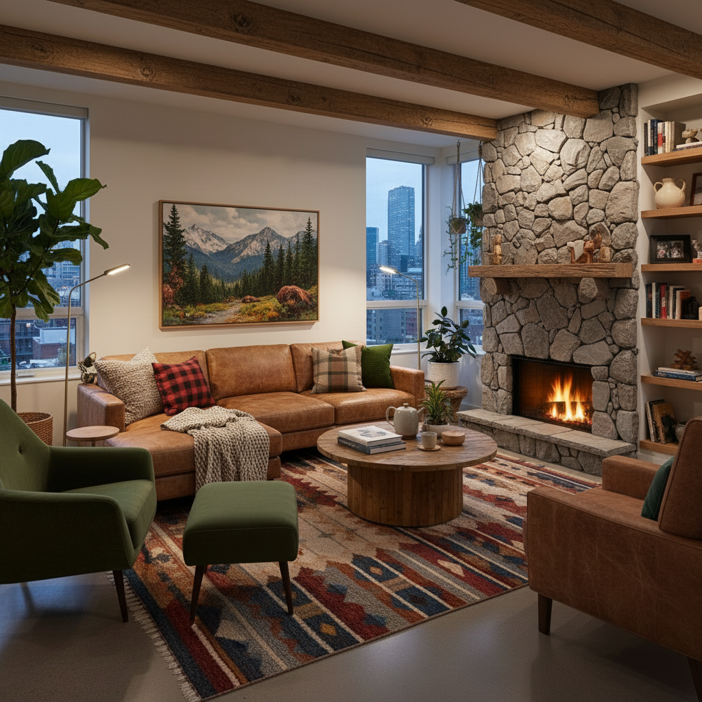 Redecorate this room in a rustic, cozy cabin style. Add a large stone fireplace on the main wall, expose dark wooden ceiling beams, and change the sofa to a comfortable brown leather one.