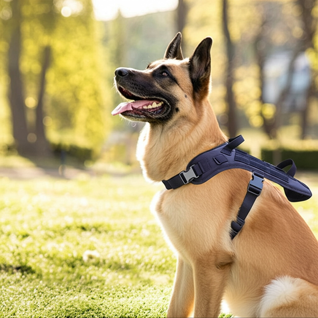 Arnés táctico K9 ergonómico ajustado en un perro