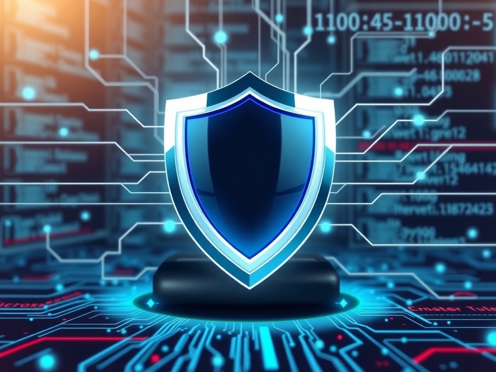 یک سپر از سرور محافظت می‌کند، با خطوط کد و داده که اطراف آن جریان دارند و نشان‌دهنده دفاع قوی امنیت سایبری، SharePoint و مایکروسافت هستند.