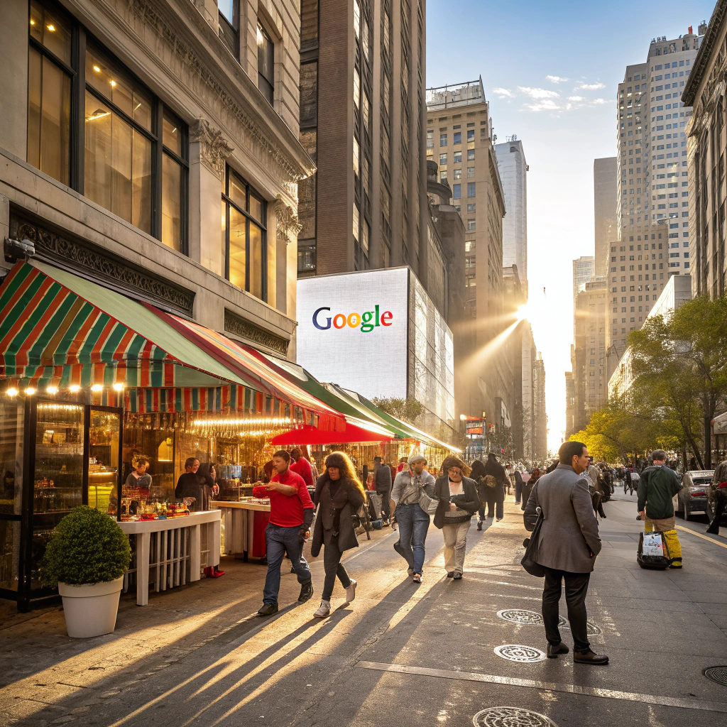 Ulica pełna lokalnych firm z wyraźną, jasną wizytówką Google, symbolizującą widoczność i zaangażowanie społeczności.