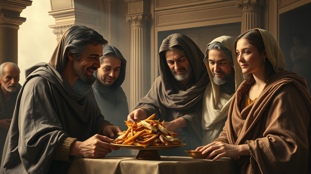 함께 나눈 음식을 통해 사랑과 교제를 상징하는 장면