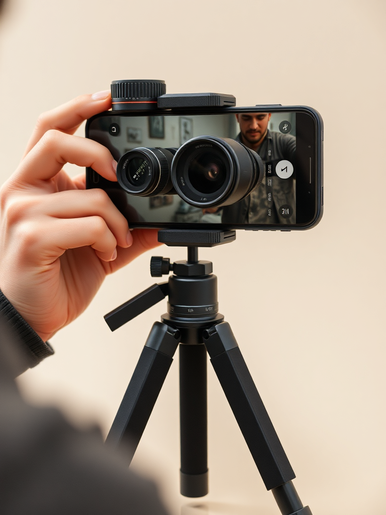 فردی در حال استفاده از گوشی هوشمند با لنزهای خارجی، سه‌پایه کوچک و چراغ LED قابل حمل برای ویدیوگرافی موبایلی، که نشان‌دهنده تجهیزات عکاسی مدرن برای خالقان محتوا است.