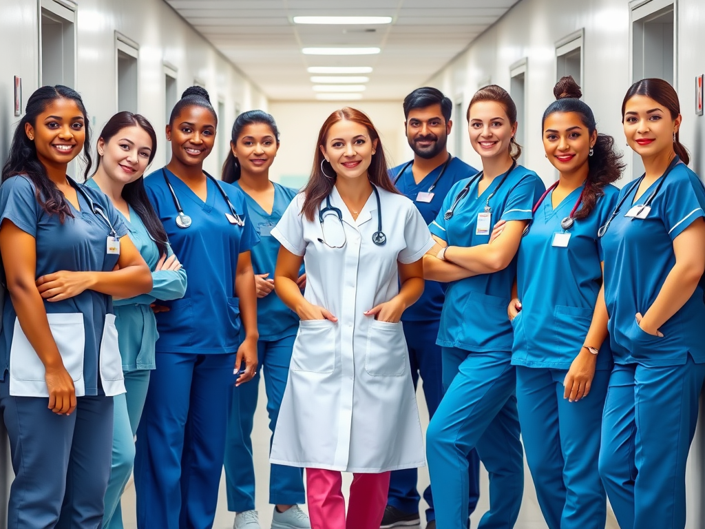 Diverse group of nursing professionals in uniform, representing different specialties, standing confidently in a modern hospital corridor, symbolizing healthcare staffing solutions