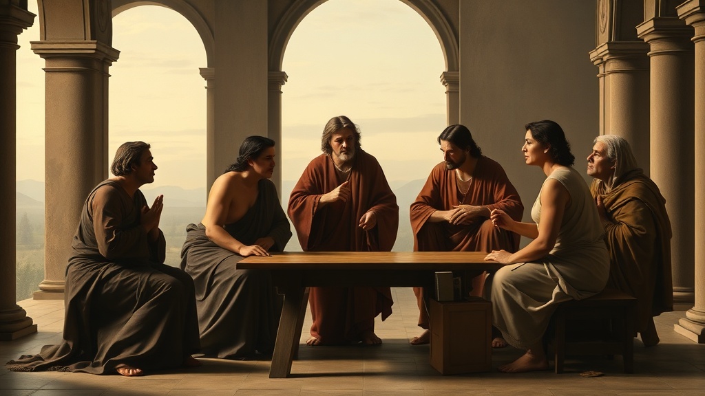 연결된 아치와 부드러운 빛 속에서 사람이 장부와 동전을 바라보며 숙고하는 르네상스풍 실내 장면